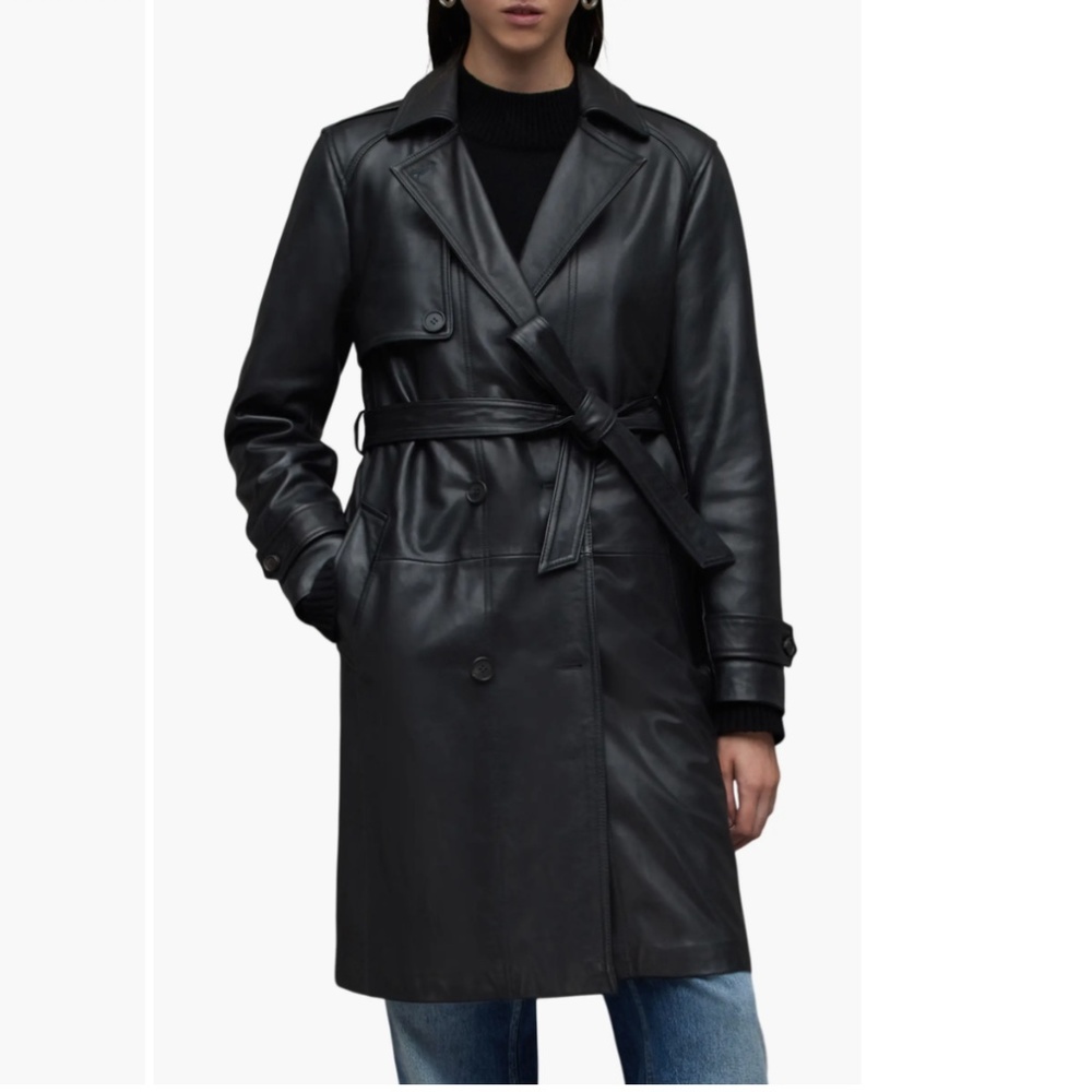NWT $829 AllSaints Black Okena Leather Trench Coat in sizes 10 and 12!